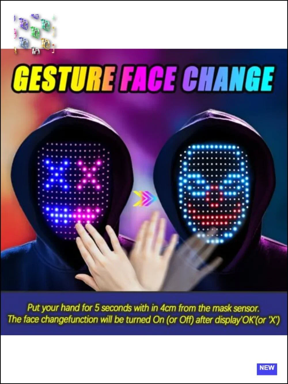LED Mask with Gesture Sensing, 50 Light Patterns, Rechargeable, Lightweight for